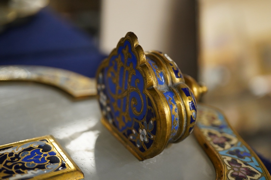 A French champleve enamel, alabaster and silvered bronze ‘benitier’, 36cm
